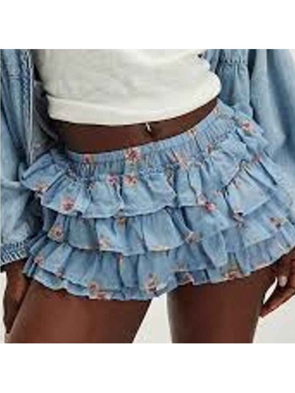 Free People Light Blue Tiered Ruffle Mini Skort with Floral Details